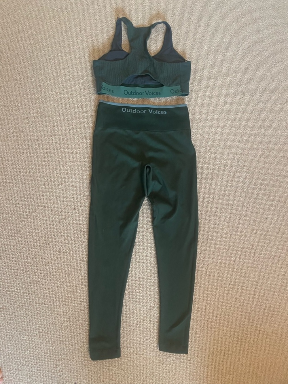 Outdoor Voices Dark Green Ribbed Sports Bra and High-Waist Leggings Set